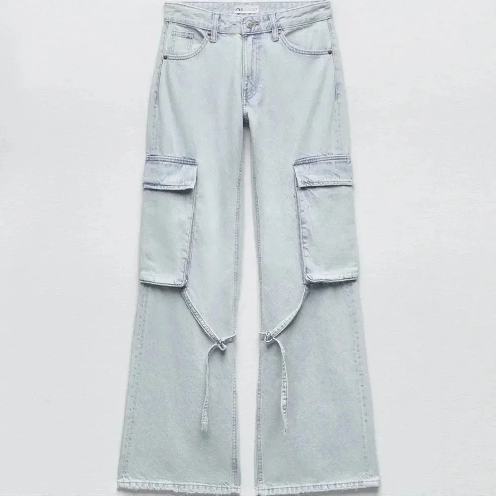 NWT Zara TRF Belt Loop Wide-Leg Cargo Jeans 8197/034 in Light Blue Size 25